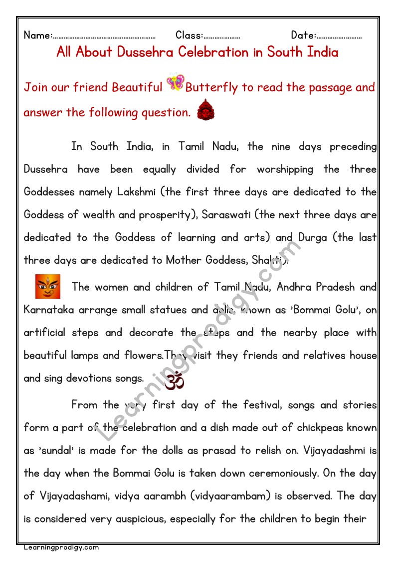 Reading Passage on Dussehra Celebration in South India-English Comprehension.