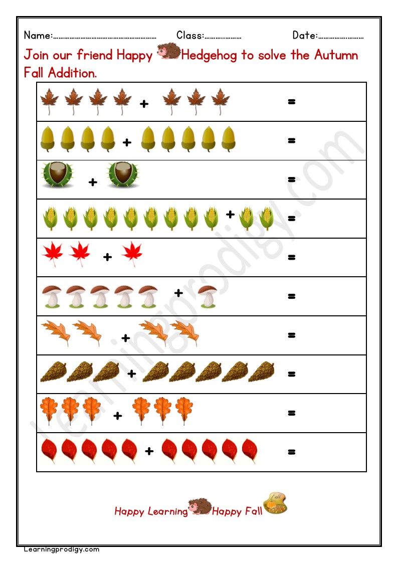 Free Printable Fall Addition Worksheet with Pictures for Kindergarten Kids with Pictures
