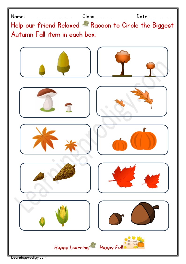 Free Downloadable Fall Math Worksheet for Pre-K Kids with Pictures