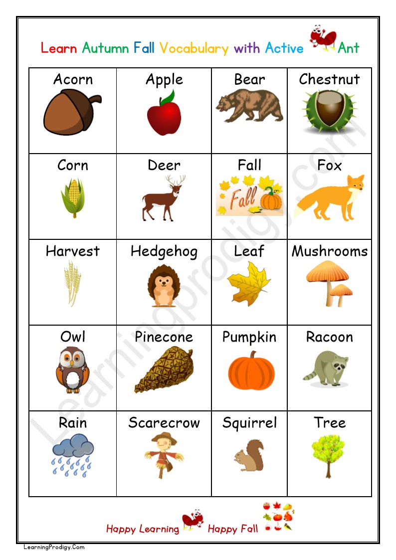 Free Printable Autumn Fall Vocabulary Chart with Pictures for Preschoolers