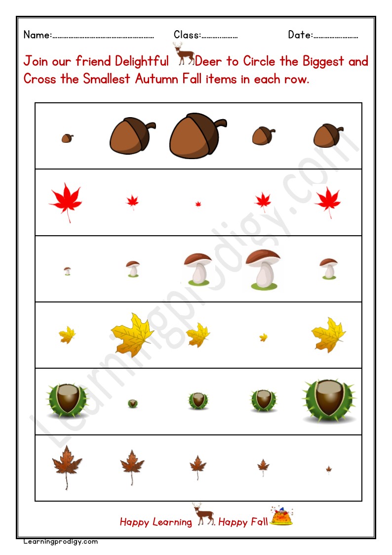 Free Printable Autumn Fall Math Worksheet – Biggest and Smallest with Pictures.