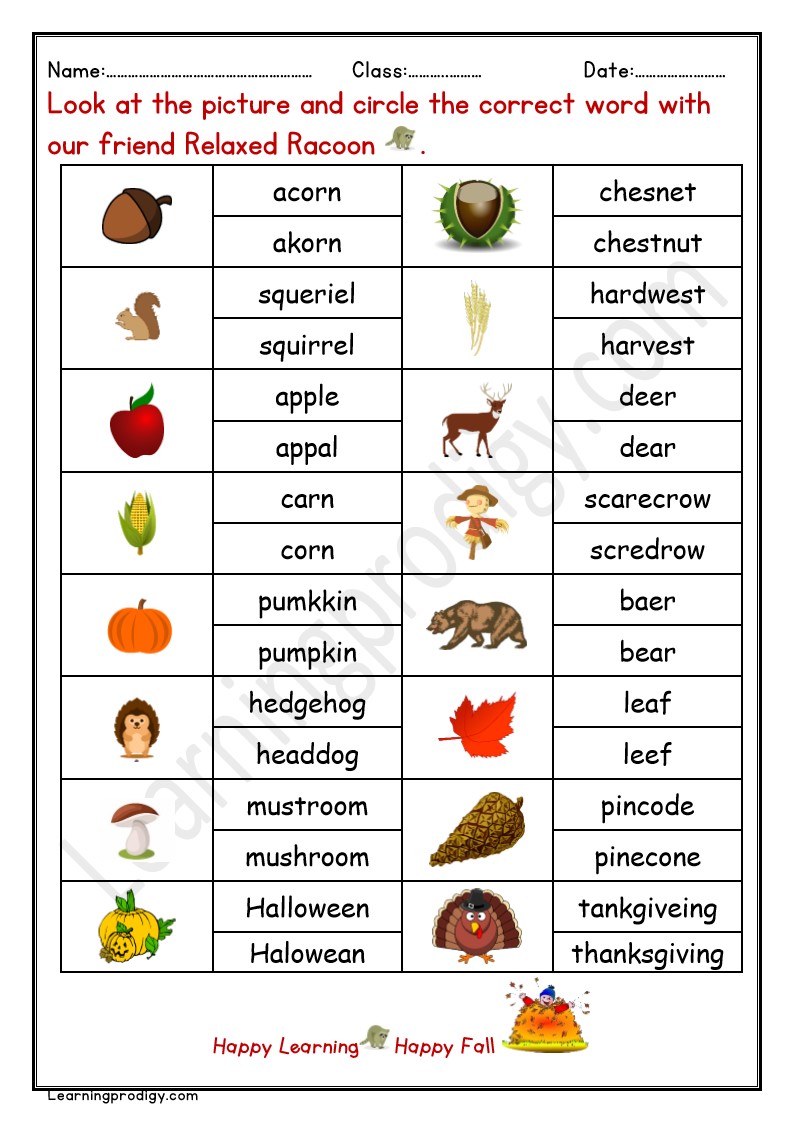 Free Printable Fall Spelling Words Worksheet for Grade 2 With Pictures
