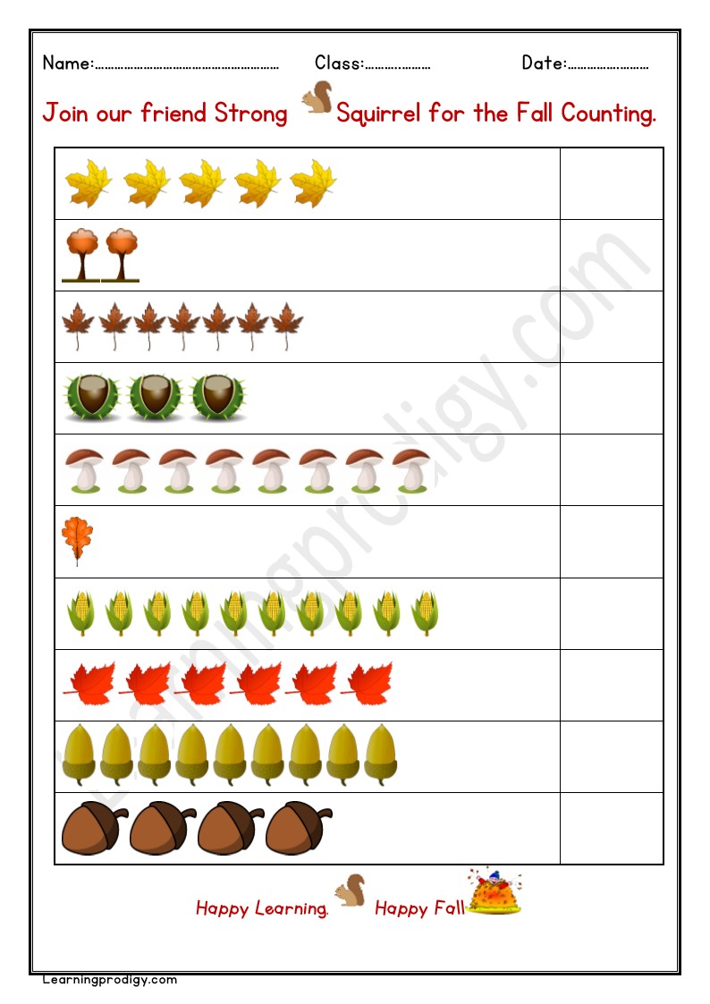 Free Printable Fall Counting Worksheet for Grade One
