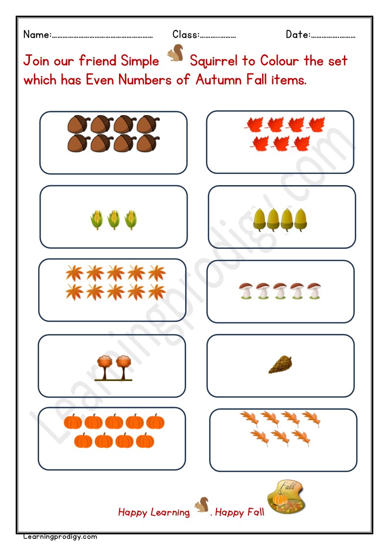 Free Printable Autumn Math Worksheet- Even Number with Picturess