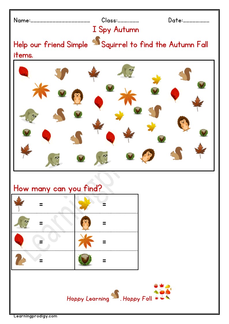 Free Printable I Spy Autumn Worksheet for School Kids with Pictures