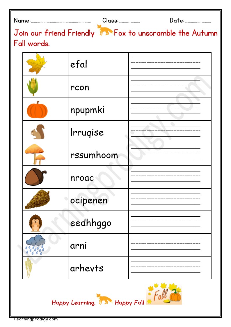 Autumn Fall Unscramble the Words Worksheet for Grade 2 With Pictures