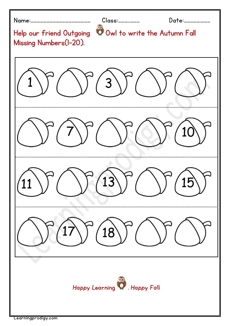 Free PDF Autumn Fall Missing Numbers Worksheet for Kindergarten Kids with Pictures