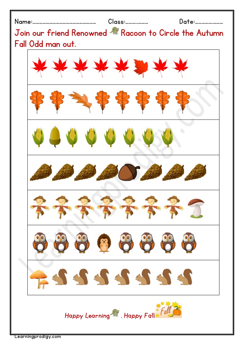Autumn Fall Odd man out Worksheet for Practice with Pictures
