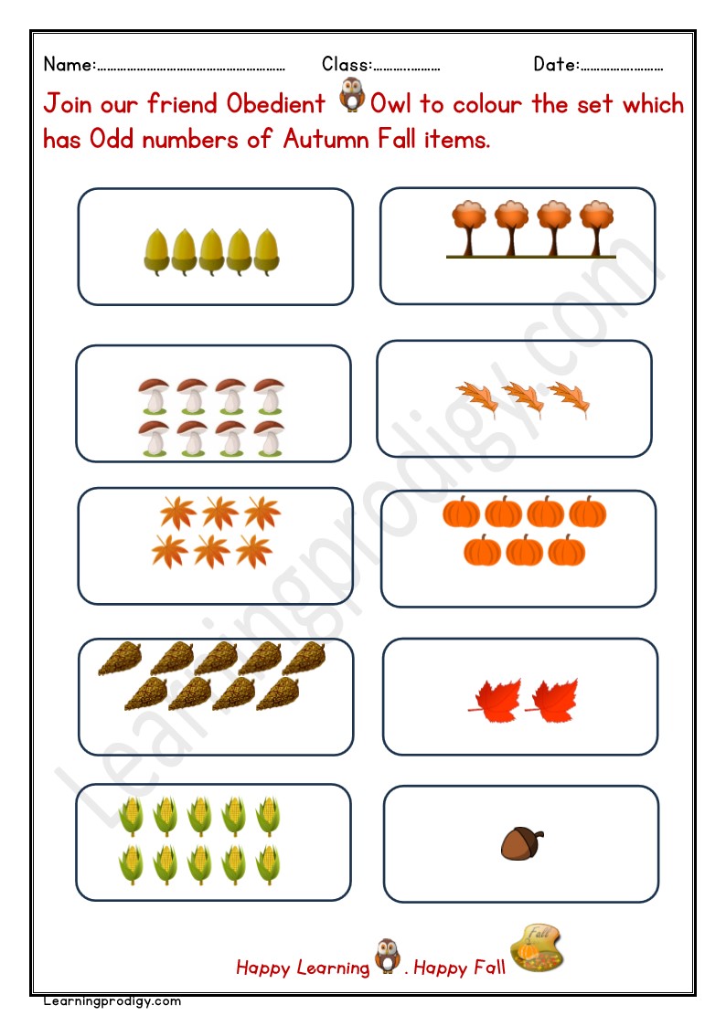 Free Printable Autumn Odd Numbers Math Worksheet for Grade one Kids with Pictures