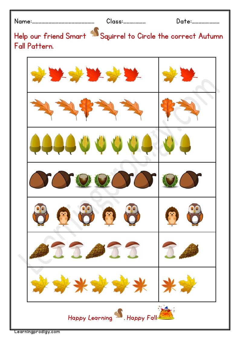 Free Printable Fall Pattern Worksheet with Pictures for Grade One kids.