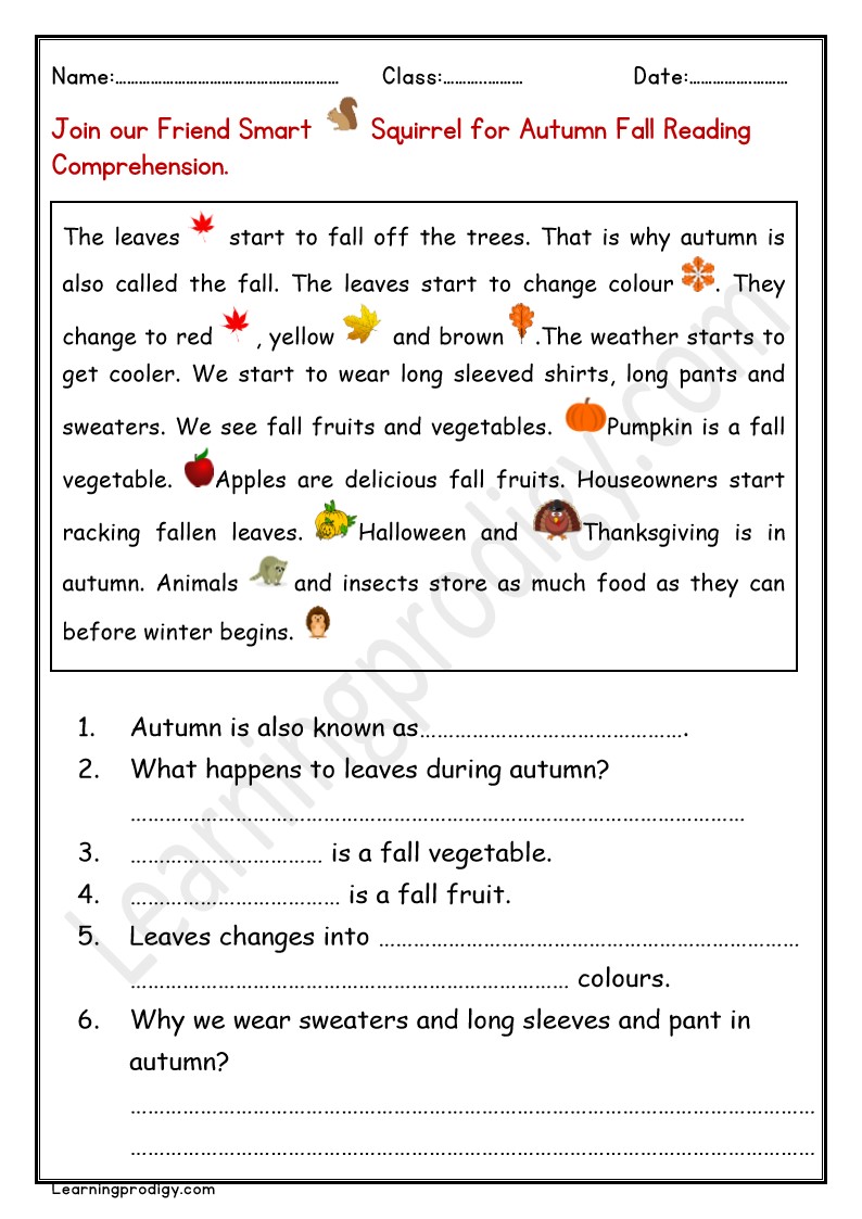 Free Printable Autumn Fall English Reading Comprehension For Grade 4