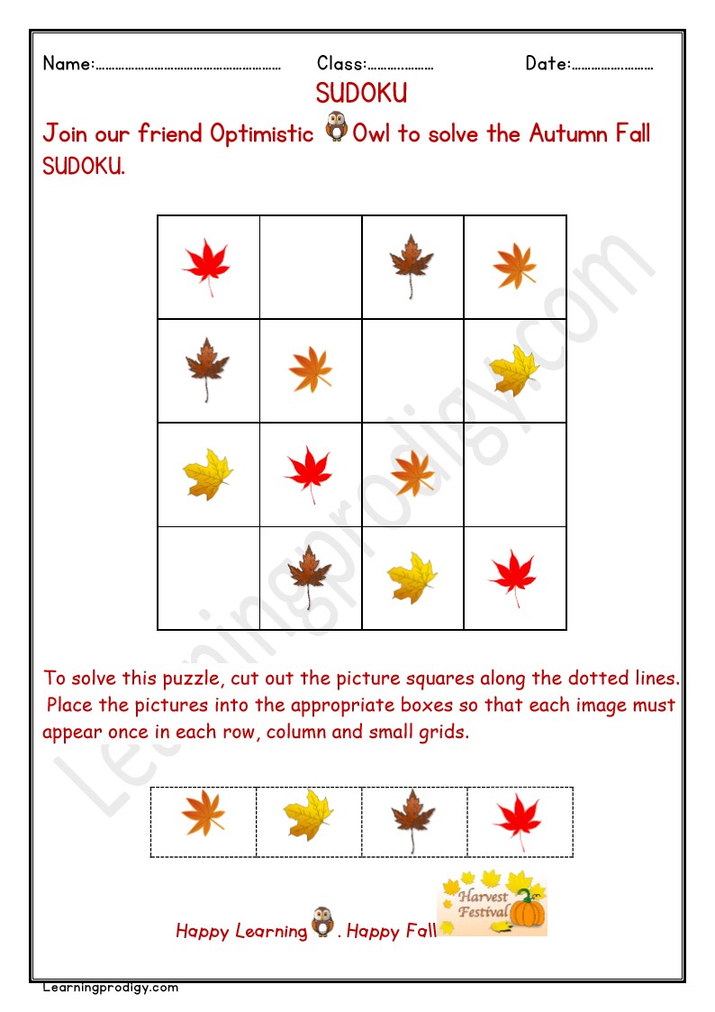 Free Printable Autumn Sudoku Worksheet | Fall Logical Reasoning with Solution.