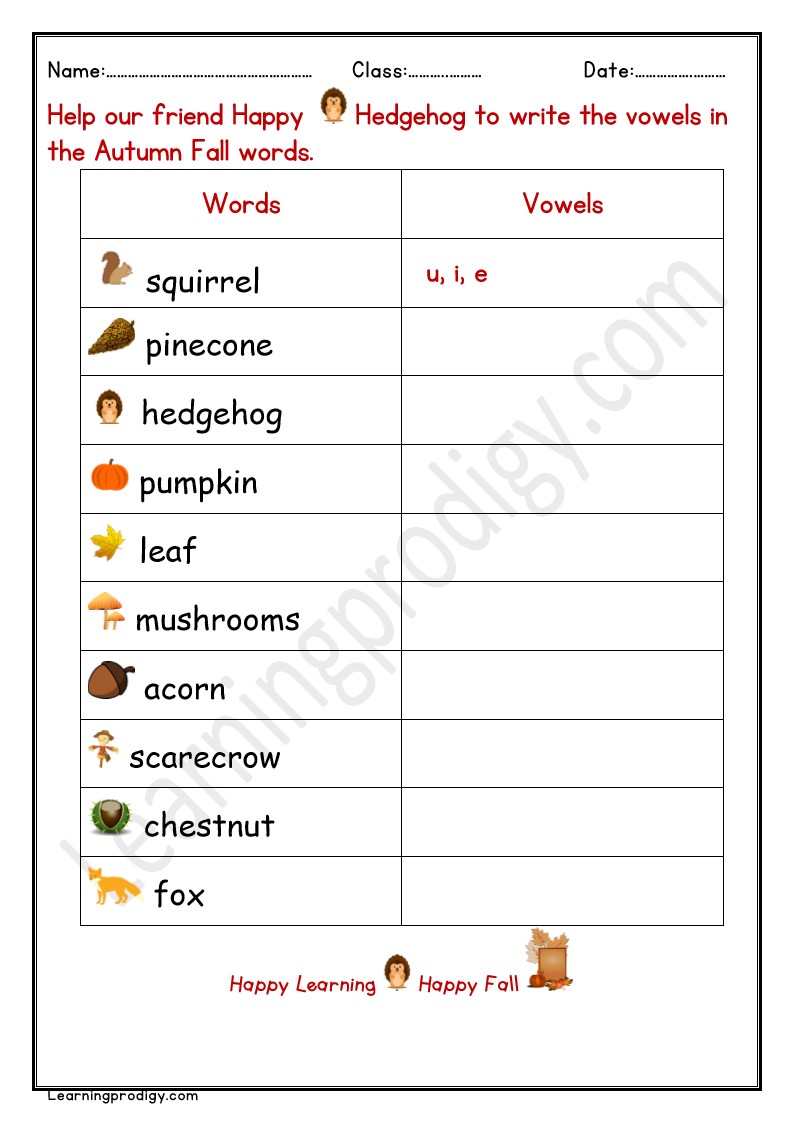 Free Printable Autumn English Vowels Worksheet