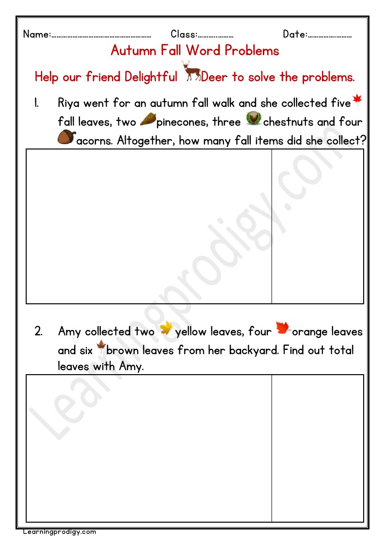 Free Printable Autumn Fall Math Word Problem Sum with Answers.