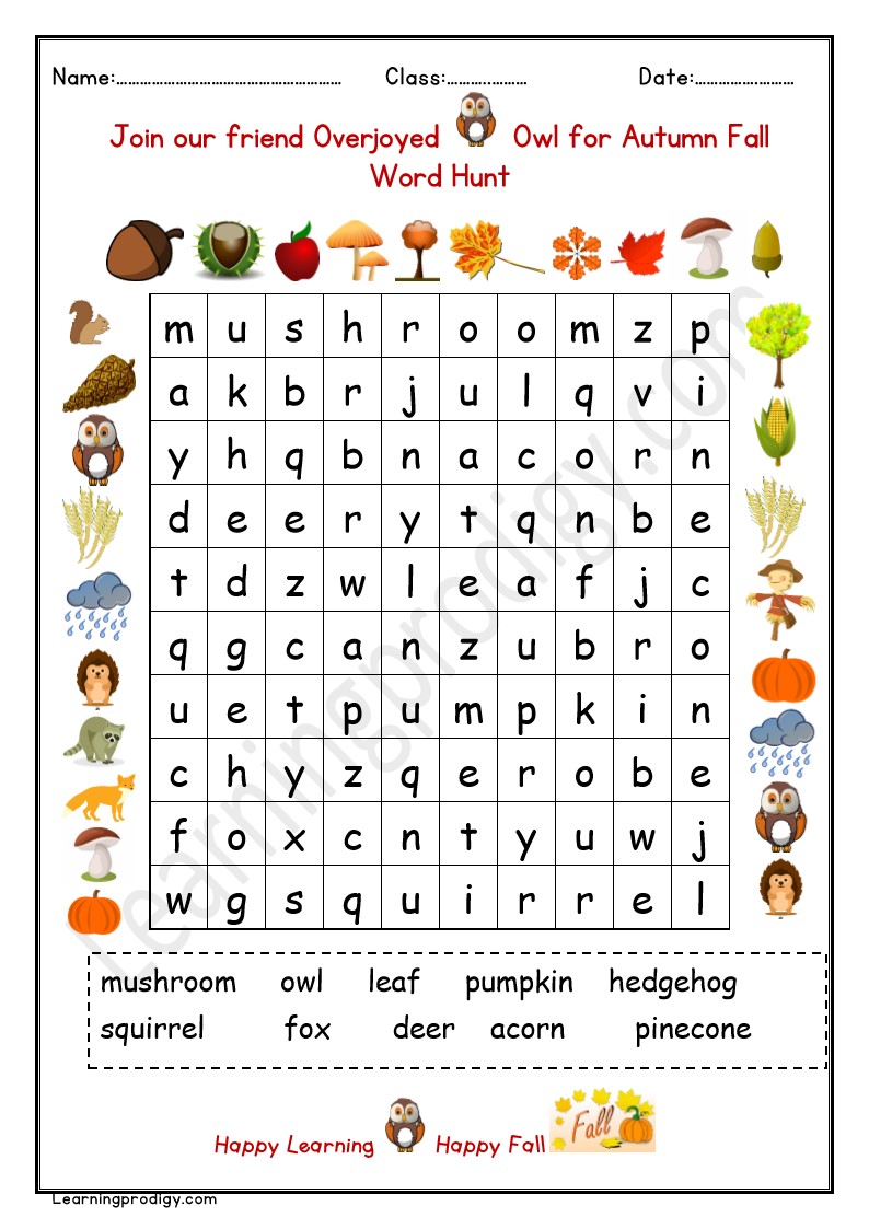 Free Printable Autumn Fall Word Search Worksheet for Kids with Answer ...