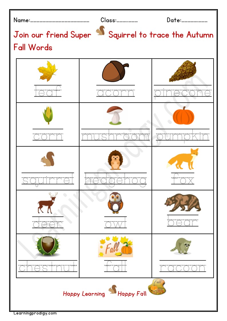 Free Printable Autumn Words Tracing Worksheet for Kindergarten Kids
