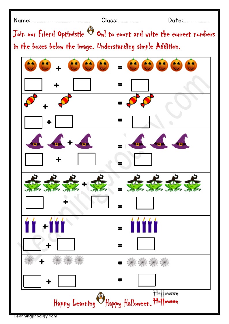 Free Printable Halloween Simple Addition With Pictures  for Kindergarten Kids