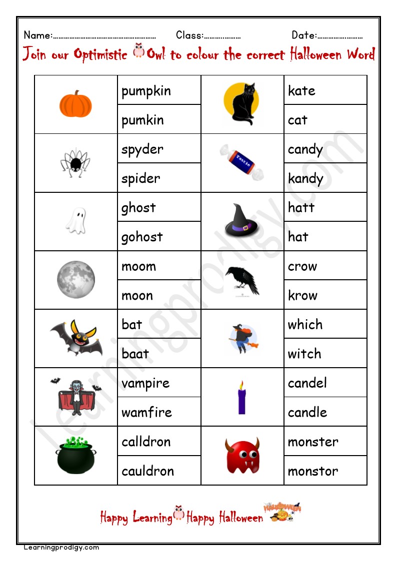 Free Printable Halloween Choose the Correct Spelling with Pictures