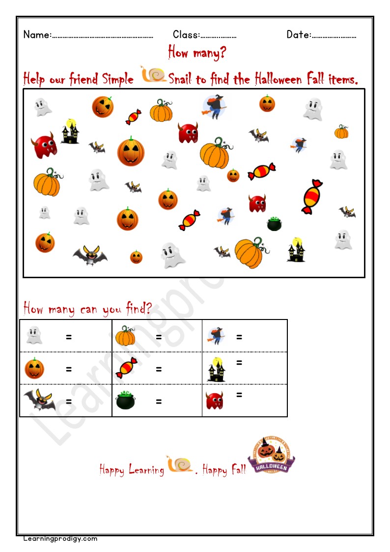 Free Printable Spy the Halloween Item Worksheet Pictures | Count and Write the Halloween Items.