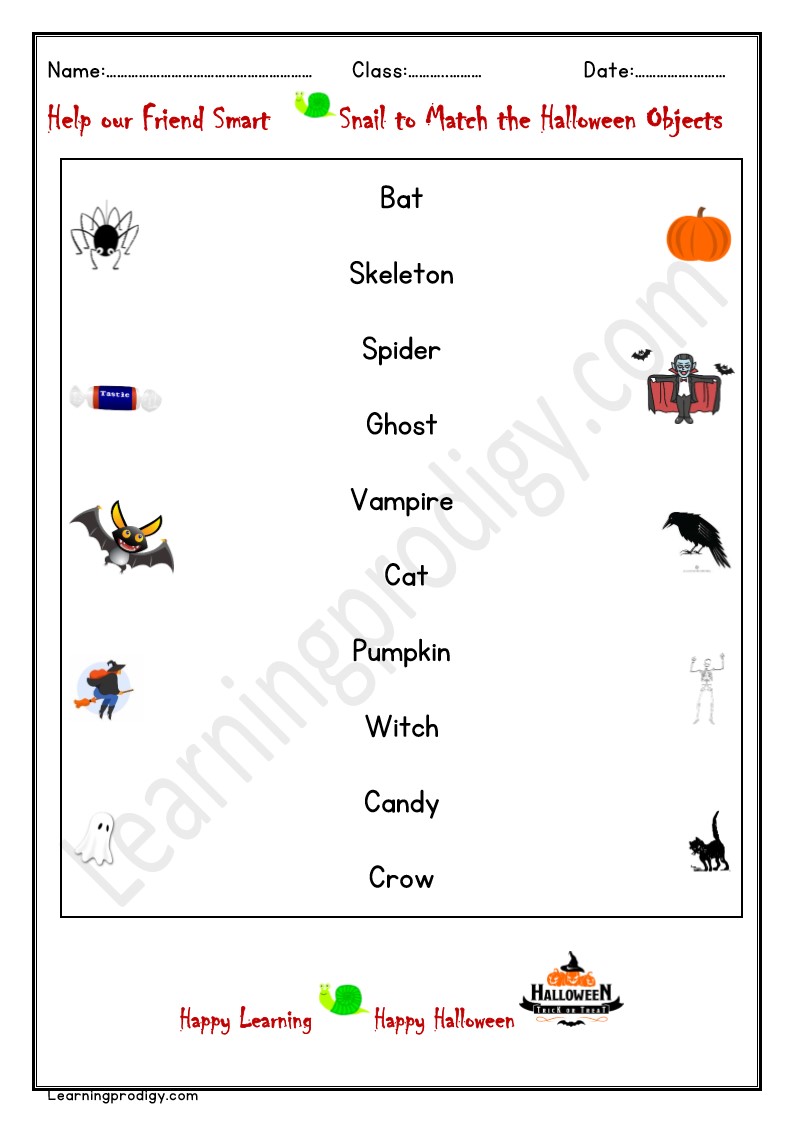 Free PDF Halloween Matching Worksheet for Kindergarten Kids with Pictures.