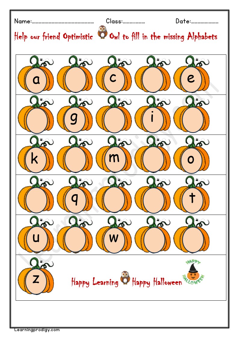 Free PDF Halloween Missing English Alphabets for Pre-K Kids with Pictures.