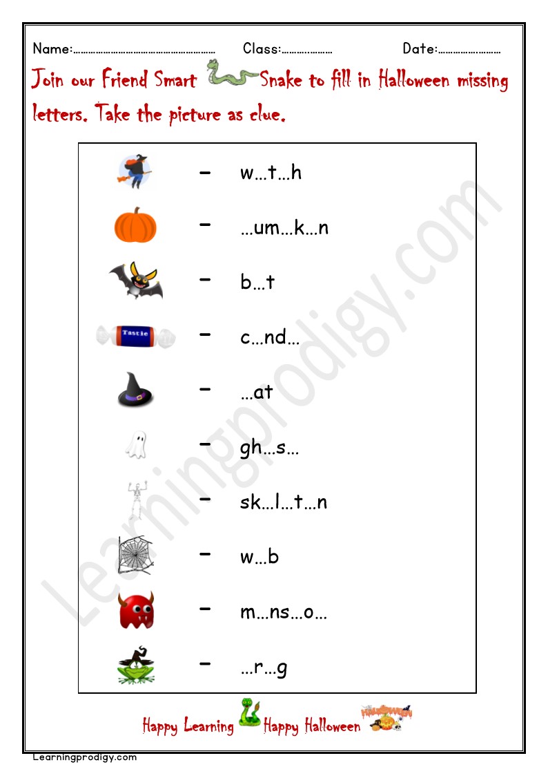 Free PDF Halloween Missing Letter Worksheet for Kids with Pictures
