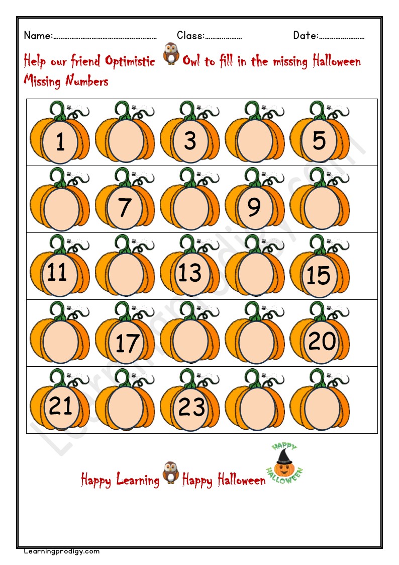 Free Printable Halloween Missing Numbers Math Worksheet for Kindergarten Kids(1-25)with Pictures.