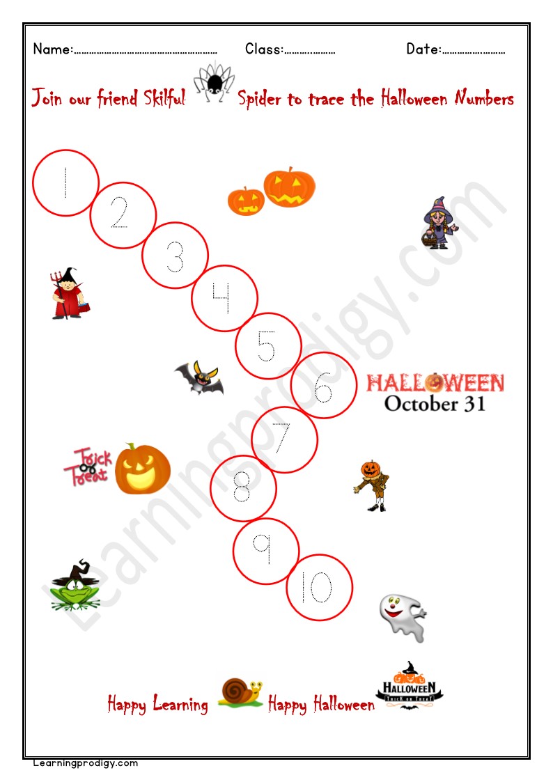 Free Printable Halloween Numbers Tracing Worksheet for Nursery Kids with Pictures.