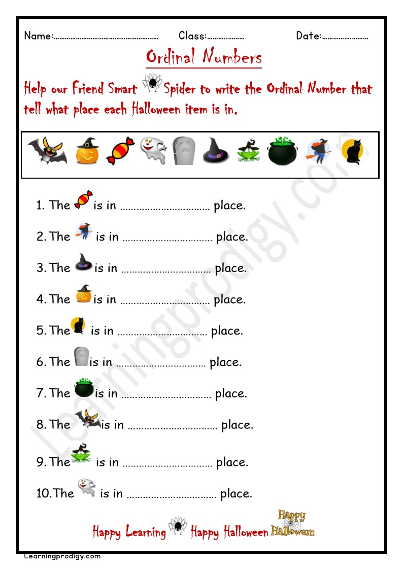 Free Printable Halloween Ordinal Numbers Worksheet.