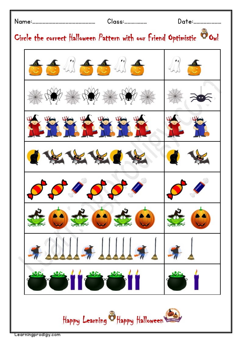 Free Printable Halloween Pattern Choosing Worksheet with Pictures