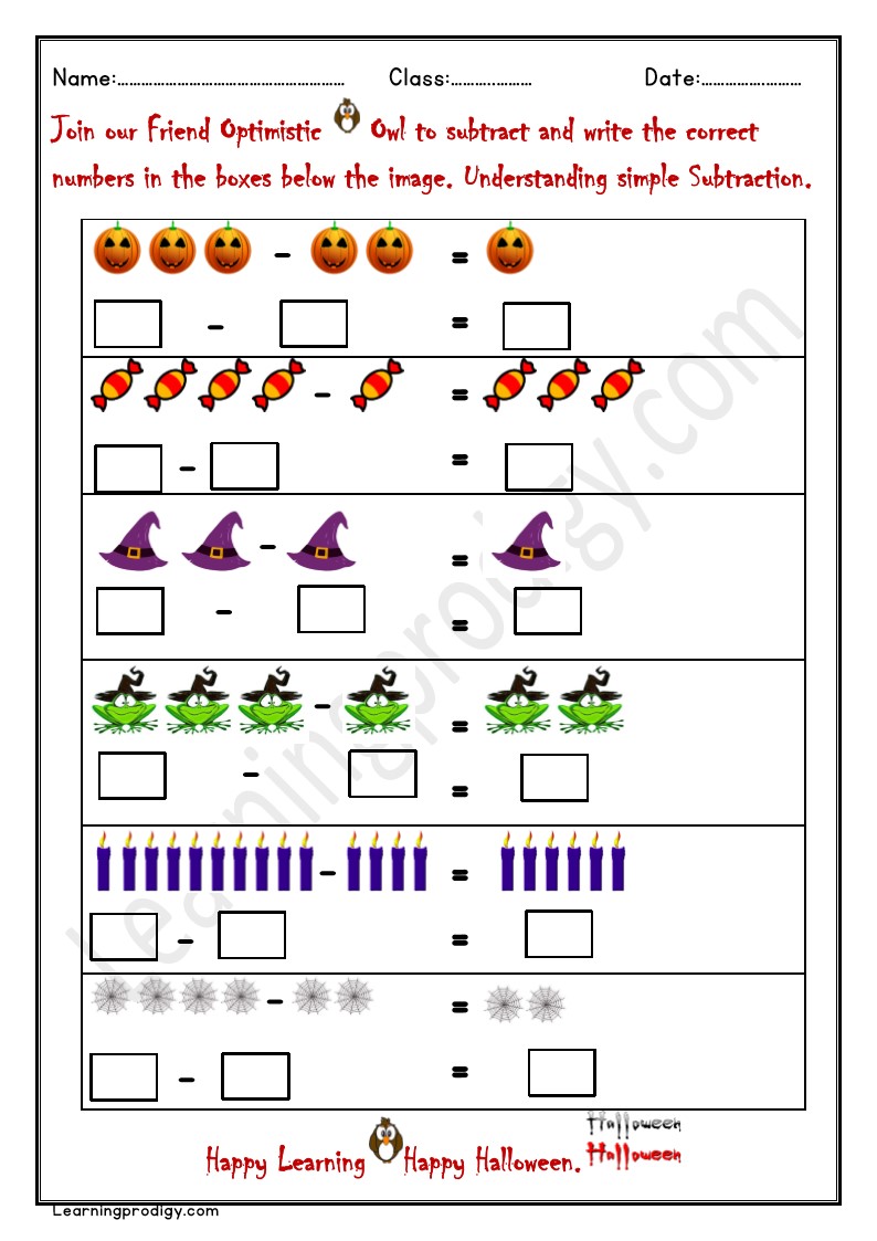 Free Printable Halloween Simple Subtraction Story with Pictures.