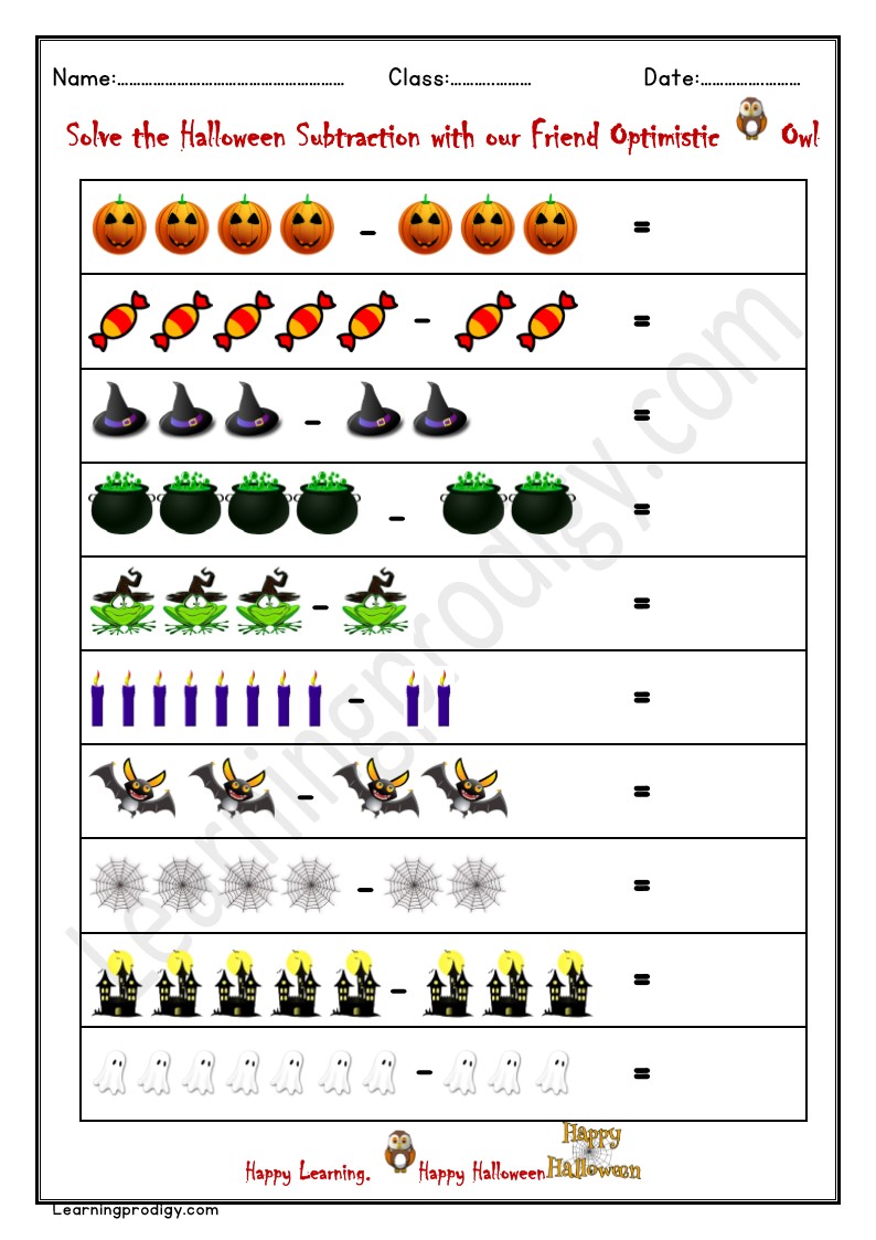 Free PDF Halloween Subtraction Worksheet with Pictures for Pre-K Kids