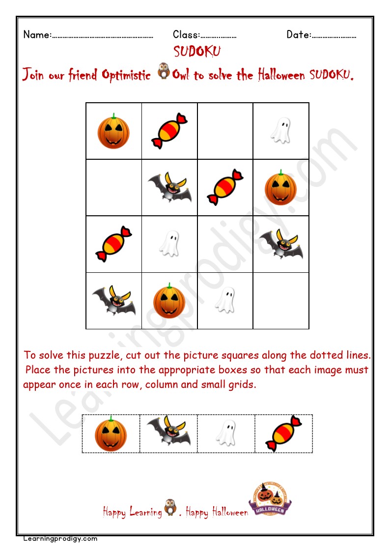 Free Printable Halloween Sudoku Activity Sheet with Pictures | Halloween Puzzle with Answer.