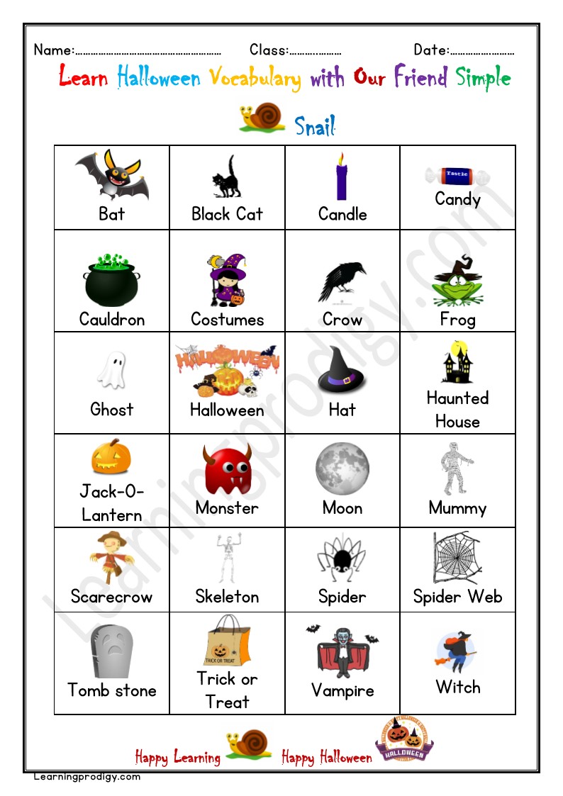 Free Printable Halloween Vocabulary Chart | Halloween Words with Pictures.