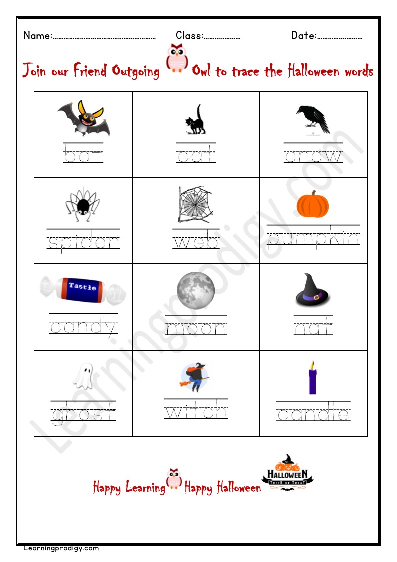 Free Printable Halloween Word Tracing Worksheet for Kids with Pictures