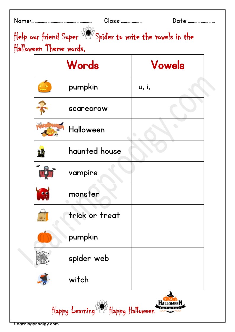Free Printable Halloween Vowels Worksheet.