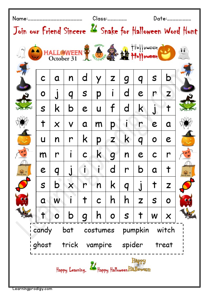Free Printable Halloween Word Hunt Worksheet With Answer with Pictures.
