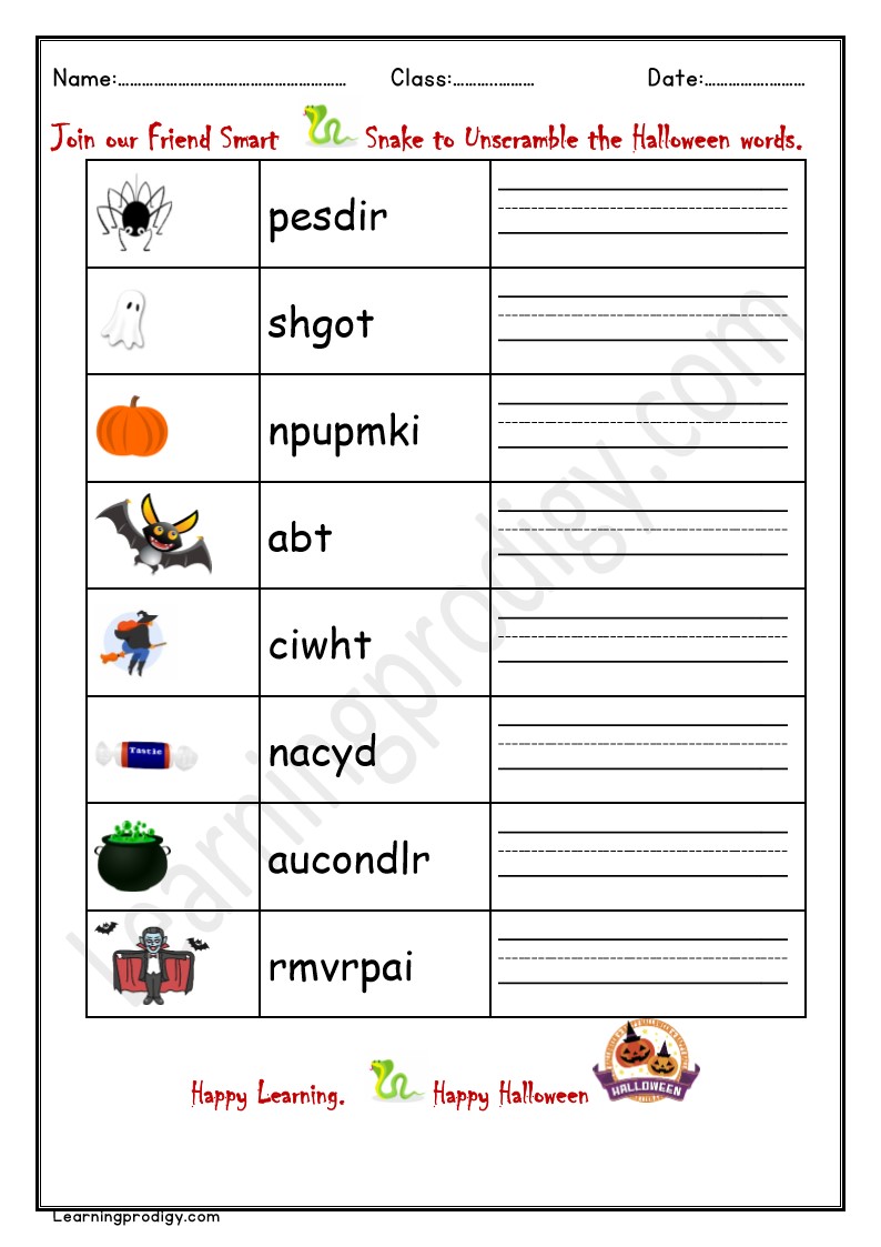 Free Printable Halloween Word Scramble Worksheet with Pictures