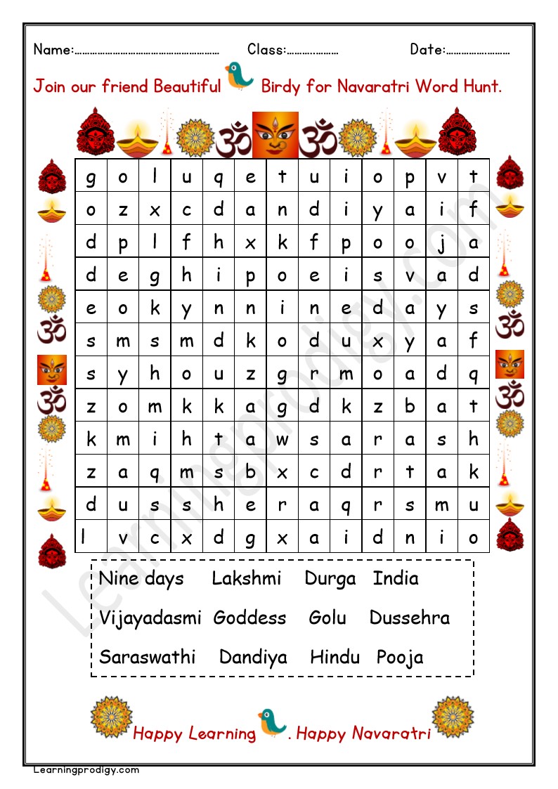 Free Printable Navaratri Word Hunt With Pictures and Answer.