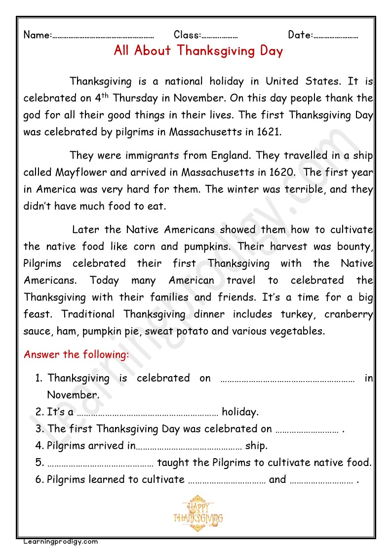 Free Printable Thanksgiving Day Quiz | All about Thanksgiving Day