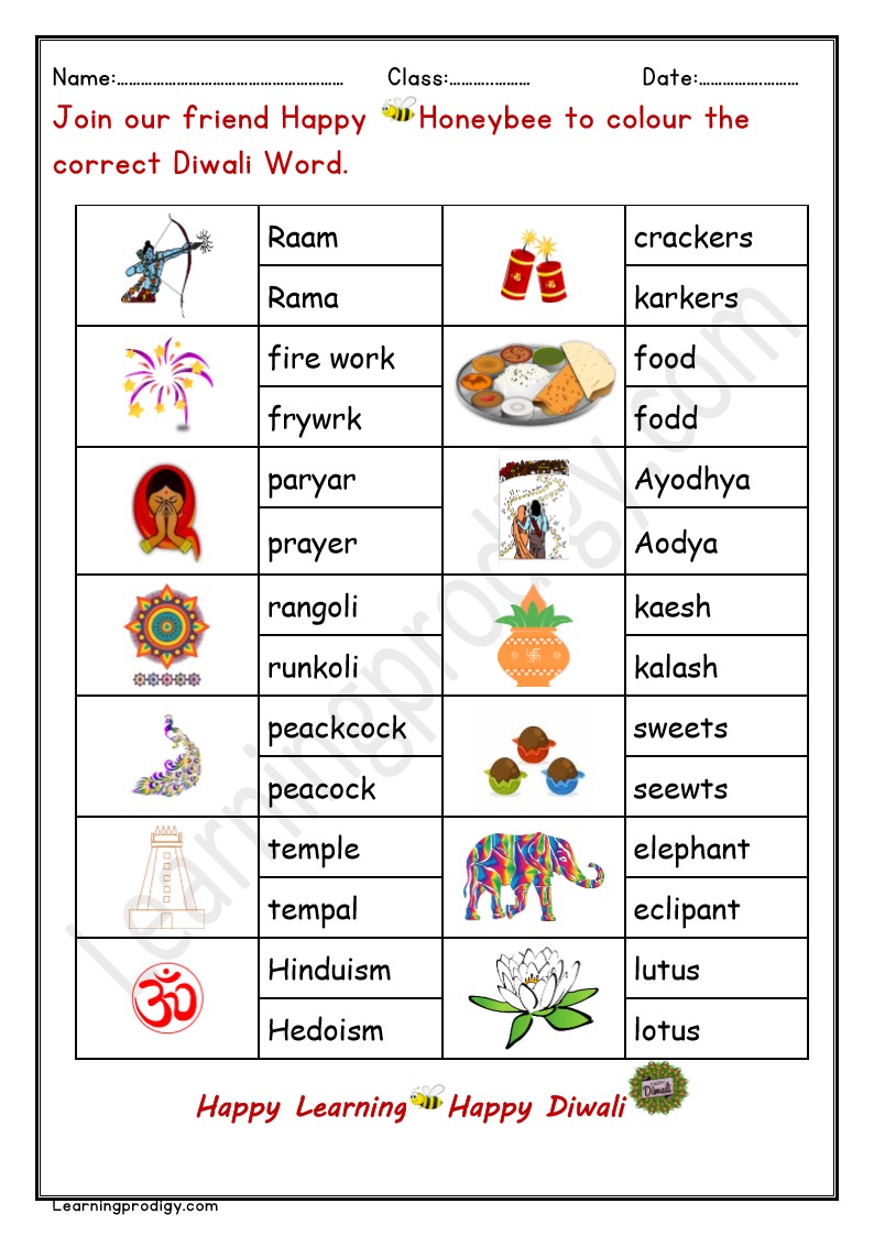 Free Printable Correct Spelling Worksheet with Pictures Based on Diwali Theme