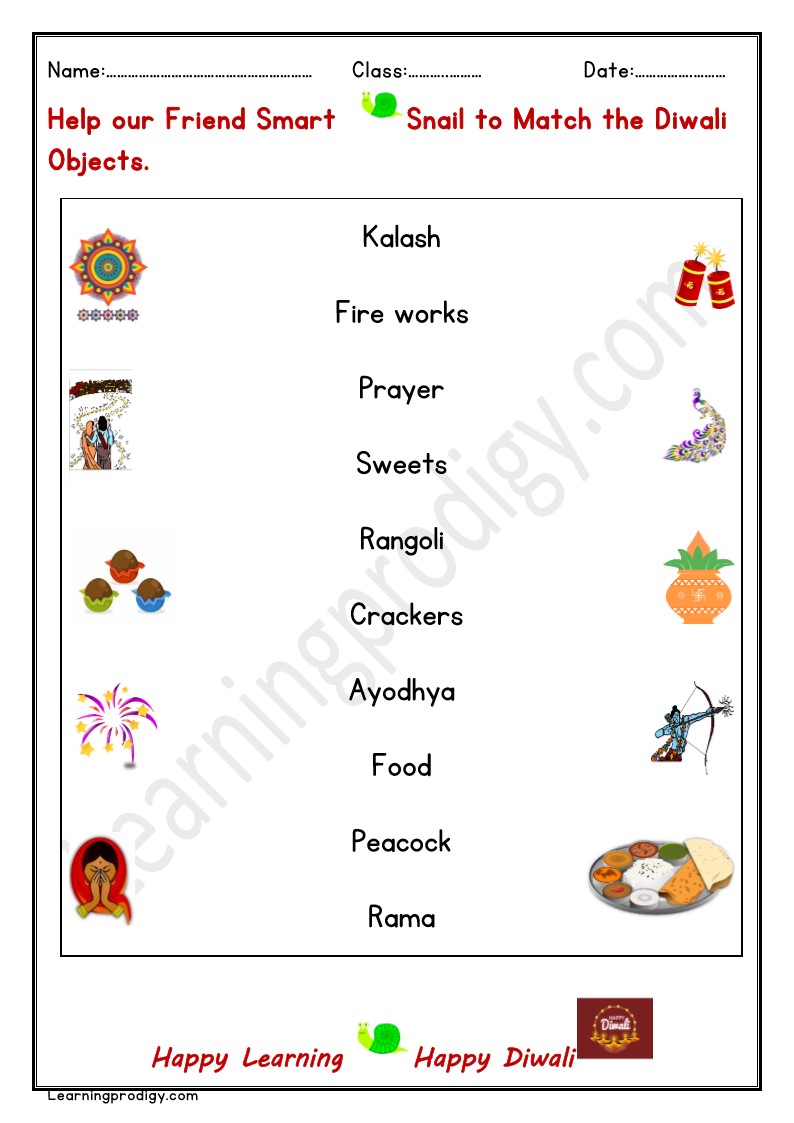 Free Printable Diwali Matching Worksheet With Pictures for Kindergarten Kids.