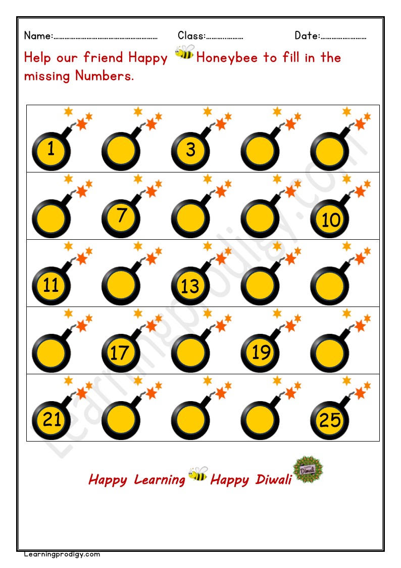 Free Printable Diwali Theme Math Missing Numbers for Kindergarten Kids.