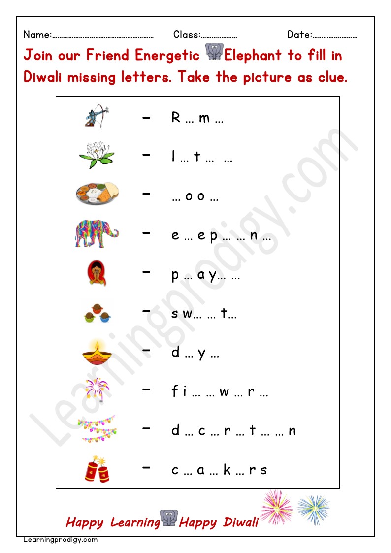 Free PDF Missing Letters Worksheet on Diwali Words with Pictures.
