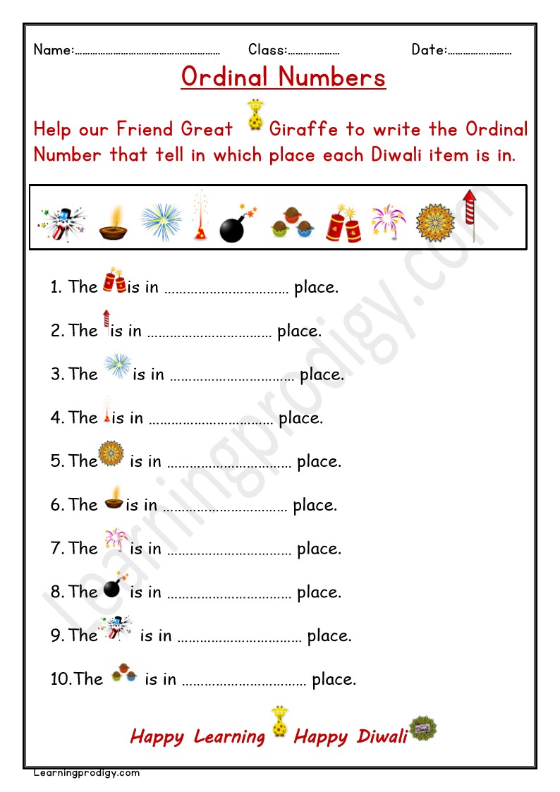 Free PDF Diwali Theme Ordinal Numbers math Worksheet for grade One Kids.