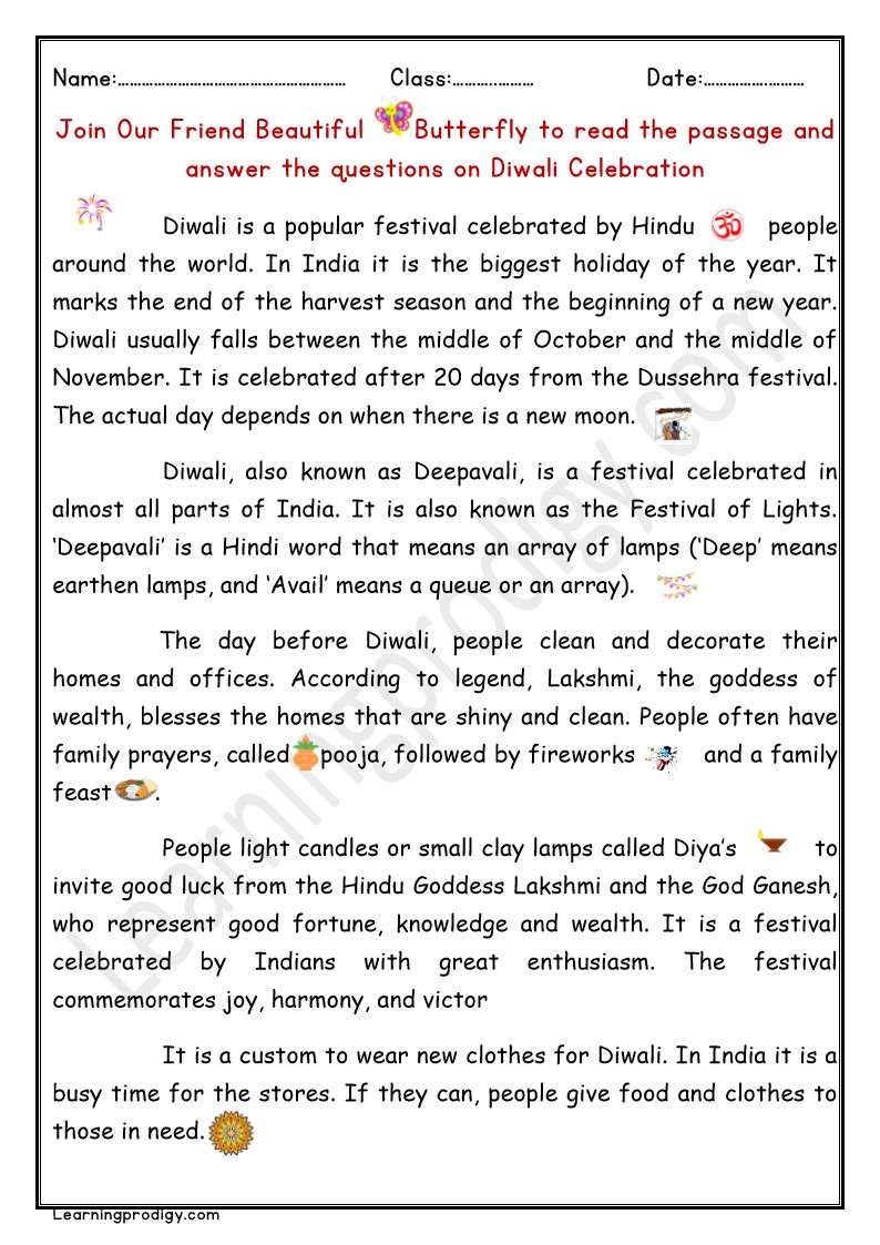 Free PDF Diwali Theme Passage Reading for Grade 3 Kids | English Comprehension