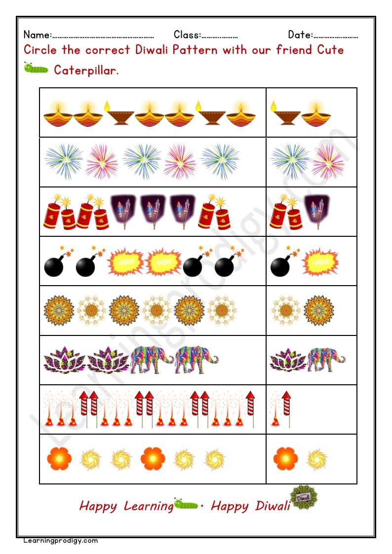Free PDF Diwali Patterns Choosing for Kids | Diwali Logical Reasoning Worksheet.
