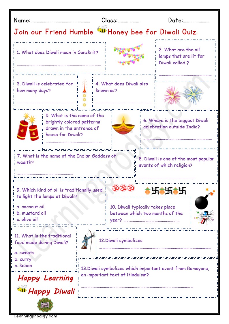 Free Printable Diwali Theme Based Quiz for Kids with Answers
