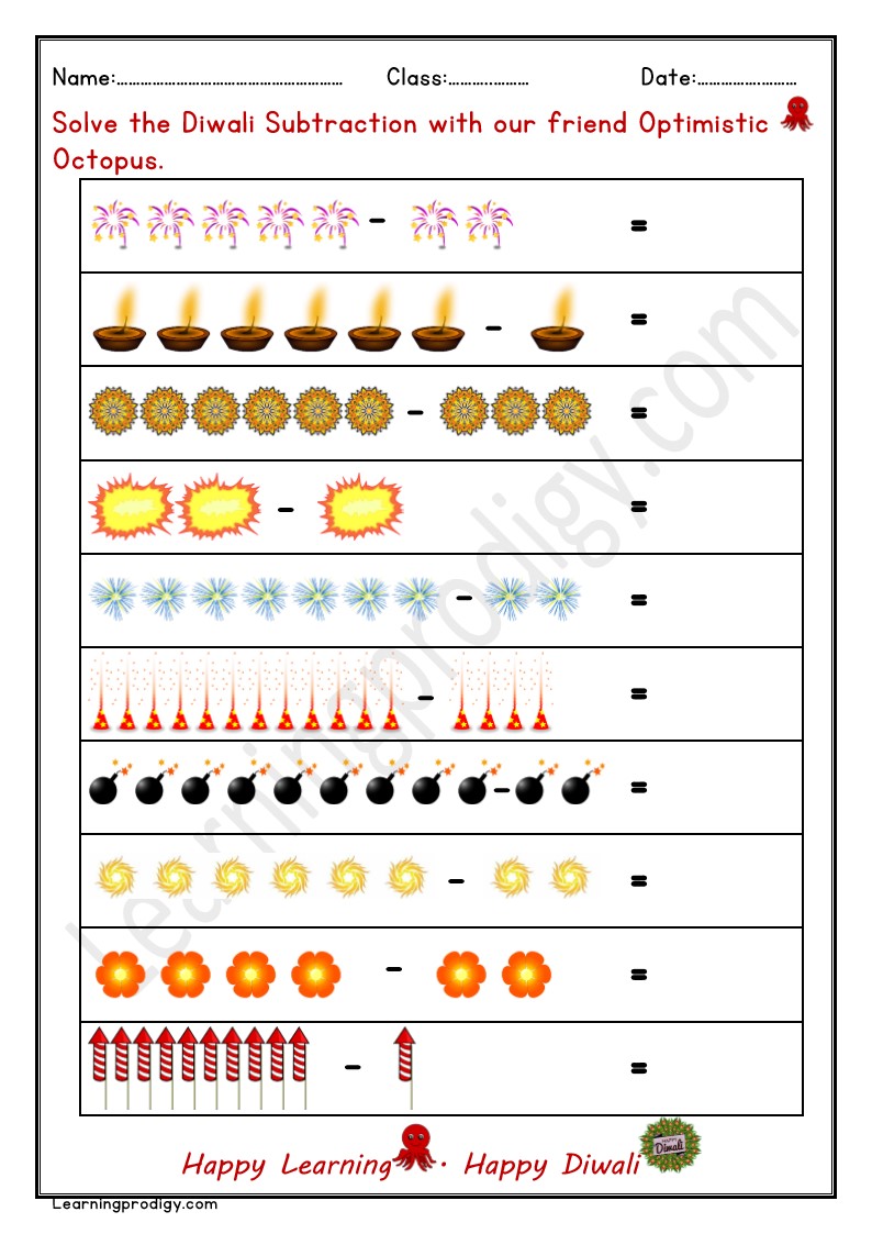 Free Printable Diwali Theme Subtraction Worksheet for kindergarten Kids with Pictures.