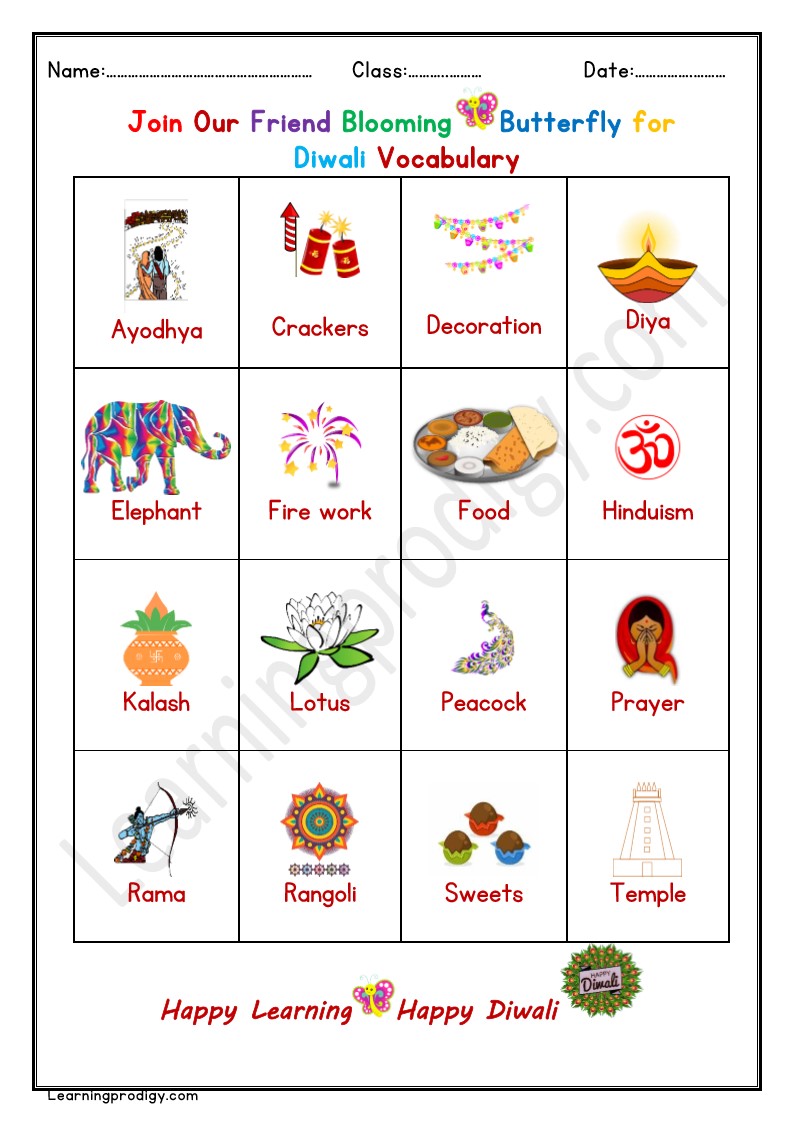 Free Printable Colourful Diwali Vocabulary Chart | Diwali Words Mat with Pictures